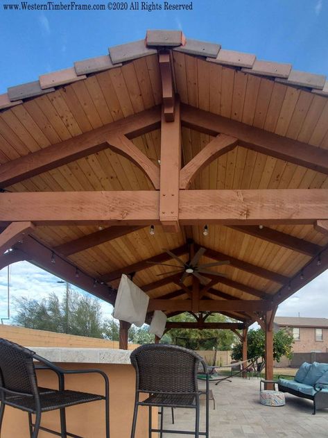 Most kits can be assembled in as little as one afternoon creating a spectacular yard makeover in such a short time. #TwoTonePavilion #CedarRoof Pavilion With Fire Pit, Rooftop Canopy, Timber Frame Gazebo, Outdoor Tvs, Timber Frame Pergola, Big Home, Yard Makeover, Pavilion Plans, Timber Pergola