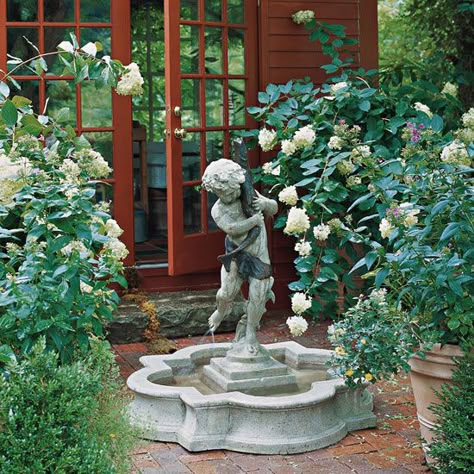 Add character to the landscape by surrounding the fountain with blooming plants and lush greenery: http://www.bhg.com/gardening/landscaping-projects/water-gardens/outdoor-fountain-ideas/?socsrc=bhgpin032714statuefountains&page=9 Outdoor Fountain Ideas, Landscaping 101, Concrete Fountains, Statue Fountain, Garden Statuary, Garden Water Features, Outdoor Water Feature, Fountain Ideas, Fountains Backyard