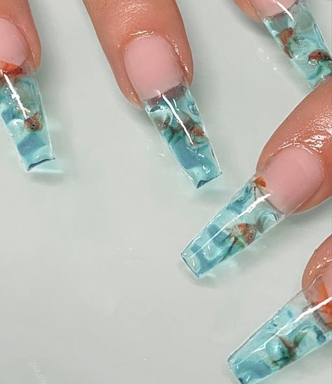 Translucent Acrylic Nails, Blue Ocean Nails, Aquarium Nails, Fish Nails, Ocean Nails, Ideas Para Uñas, Baddie Nails, Really Cute Nails, Acrylic Nails Coffin Pink