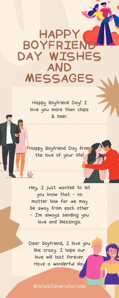 Happy Boyfriend Day Wishes and Messages In This Article, We Share Ideas On: Happy Boyfriend Day ; Happy Boyfriend Quotes; Wishing A Good Day To Your Boyfriend; Birthday Wishes For Boyfriend Success; Happy Messages; Sweet Message For Boyfriend; And Many More. Happy Boyfriend Day Wishes, Happy Boyfriend's Day Message, Mens Day Wishes For Boyfriend, Boyfriend Day Wishes, Sweet Message For Boyfriend, Happy International Men's Day Wishes, Happy Men's Day Wishes, Happy Boyfriend Day, Happy Men's Day