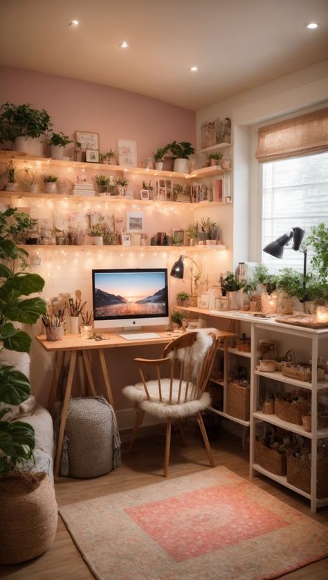 Fitness Room Office, Hobby Desk Ideas, Hobbie Room Ideas, Fun Home Office Ideas, Cosy Craft Room, Medium Room Ideas Bedrooms, Cozy Art Room, Cozy Desk Area, Office Corner In Living Room