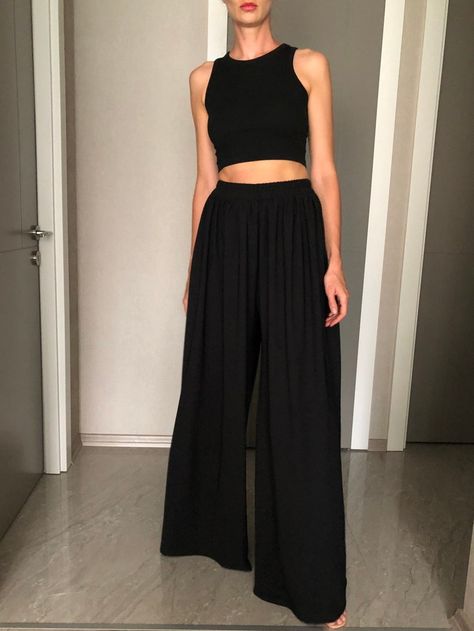 Wide Leg Palazzo Pants Extra Maxi Length Women Skirt - Etsy Belarus Palazzo And Tops, All Black Wide Leg Pants Outfit, Black Palazzo Pants Outfit Summer, Black Big Pants Outfits, Outfits With Palazzo Pants, Extra Wide Leg Pants Outfit, Full Length Skirt Outfits, Black Palazzo Outfit, Big Legs Outfit