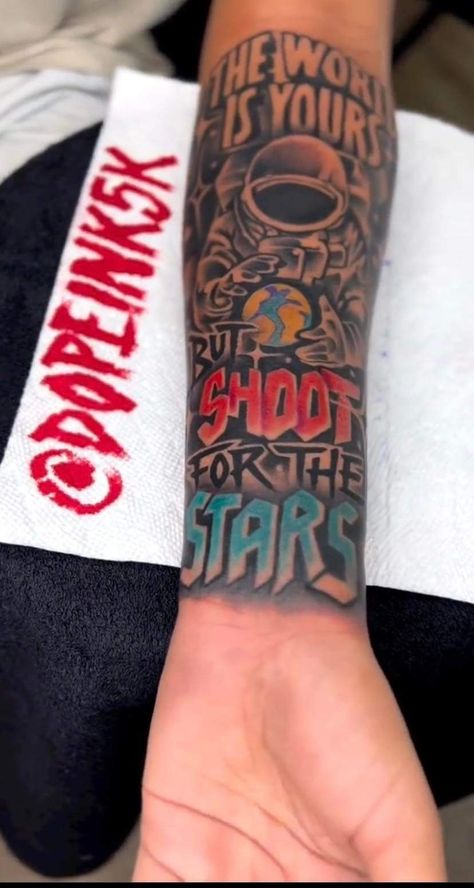 Medium Size Forearm Tattoo Men, Shoot For The Stars Tattoo, Tattoo Ideas For Men Forearm Meaningful, Inside Forearm Tattoo, Rare Tattoos Men Forearm, The World Is Yours Tattoo, Tattoos Sketches, Half Sleeve Tattoos Sketches, Urban Tattoos