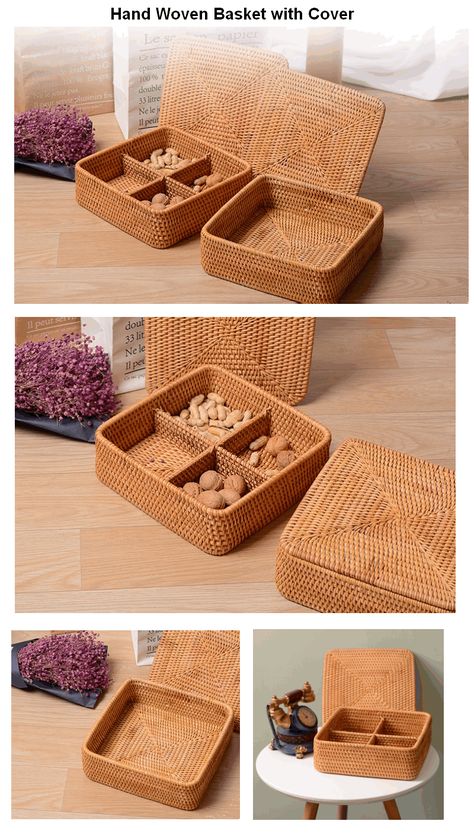 Cute Handmade Storage Basket with Cover, Lovely Woven Basket, Vietnam – Paintingforhome Wicker Basket Decor Ideas, Grace Painting, Cute Baskets, Craft Basket, Storage Basket With Lid, Square Basket, Baskets For Shelves, Storage Baskets With Lids, Rattan Storage