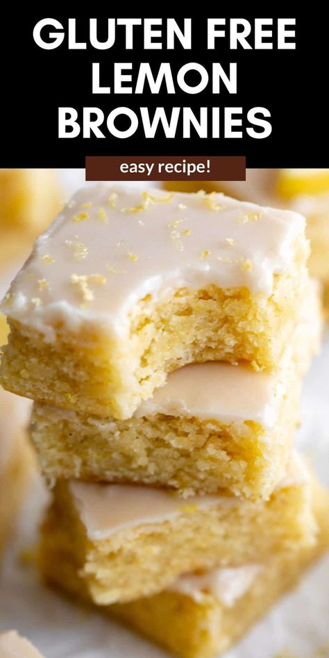 These gluten free lemon brownies are fudgy, easy to make, with a tangy lemon glaze. These dairy free friendly brownies are the perfect dessert. Gf Lemon Brownies, Gluten Free Lemon Brownies Recipe, Small Gluten Free Desserts, Dairy Free And Gluten Free Recipes Desserts, Dairy Free Gf Dessert, Gluten Free Lemon Brownies, Gluten Free Lemon Bars Recipe, Gluten Free Flour Desserts, Lemon Gluten Free Desserts