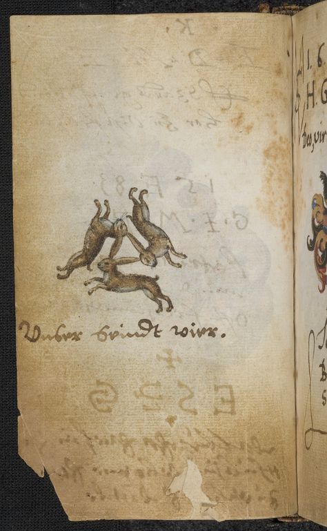 ( - p.mc.n. ) the familiar 'rabbit/hare trinity' -- here labelled "Unser seindt vier" [We are four/there's four of us]. from the album amicorum of Frederick IV of the Palatine [UB Heidelberg, Pal. Ger. 619 -- this is f.47v. entries are dated 1582-1605]. Here we have an interesting association with the motif of the 2 fools who say "we are three" -- making the viewer by his/her puzzled inquiry the 3rd! The hare also has traditional associations of folly -- cf. Eng. "mad as a march hare" Three Rabbits Symbol, Three Hares Symbol, Irish Hare Tattoo, Three Hares Tattoo, Rabbit Familiar, 3 Hares, The Three Hares, Medieval Rabbit, Three Rabbits