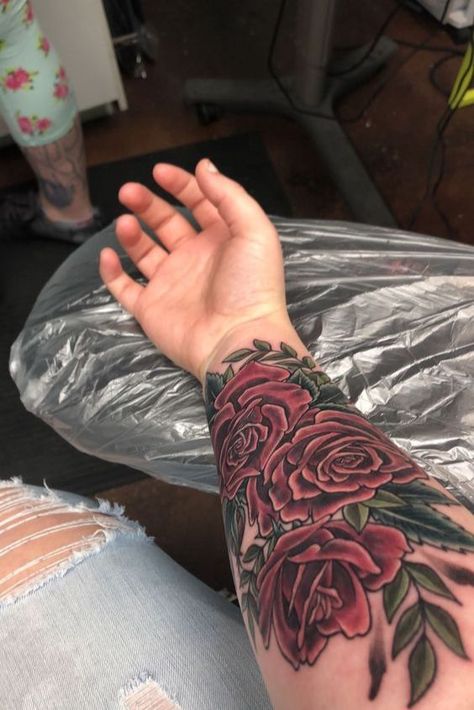 Forearm Tattoos Colorful, Colored Rose Tattoo Men, Rose Tattoo Men Color, Arm Rose Tattoo For Men, Rose Tattoo Arm Sleeve, Rose Background Tattoo, Rose Arm Tattoo Men, Mens Rose Tattoo Forearm, Coverup Tattoo Ideas For Men Arm