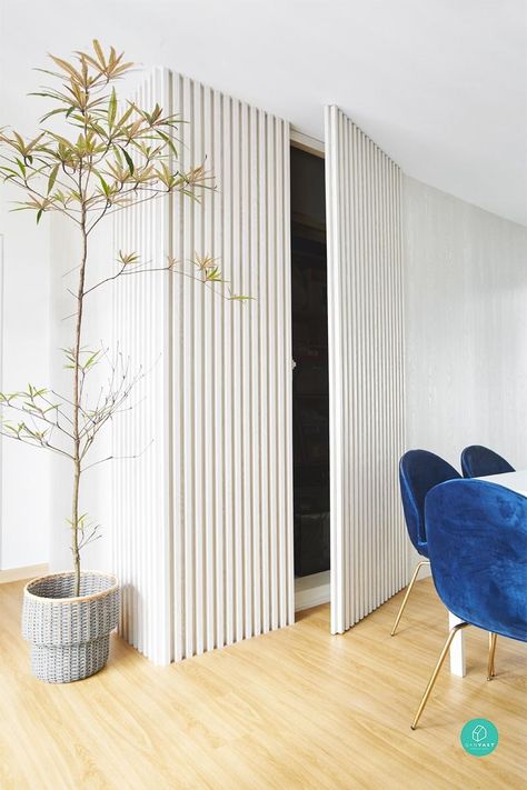 Renovation Journey: Contemporary Calm | Qanvast Slatted Wall Dining Room, Additional Storage Ideas, Rambler Renovation, Dold Dörr, Moving Wall, Hidden Doors In Walls, Interior Design Per La Casa, Secret Door, Hidden Door