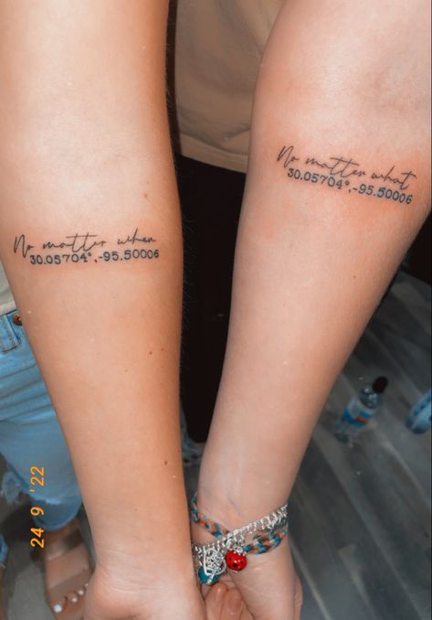 Bestie Tattoos Long Distance, Bestie Tattoo Quotes, Matching Tattoos For Long Distance, Work Bestie Tattoo, Long Distant Friend Tattoos, Best Friend Quotes Tattoos, Creative Best Friend Tattoos, Distance Best Friend Tattoos, Friendship Quote Tattoos