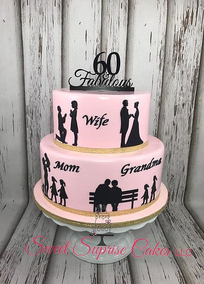 Silouette Wife, Mom and grandma cake for 60th Surprise Party Pink and Black Birthday Cakes Women Ideas, Cake Ideas For 65 Year Old Woman, Cake Ideas For 60th Birthday Mom, 70th Birthday Ideas For Mom Cake Mothers, Grandma Cake Design, Cake Design For Grandma Birthday, 45th Birthday Cake Ideas For Women, 60th Birthday Ideas For Mom Cake, Cake For 60th Birthday For Women