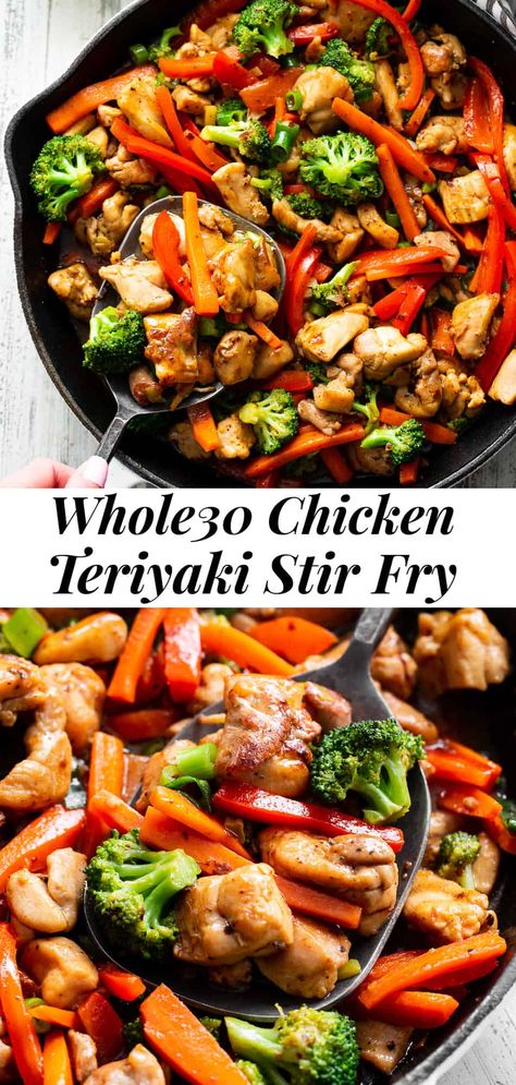 This quick and tasty paleo chicken teriyaki stir fry uses clean simple ingredients and is so much healthier than takeout! It’s family approved, fast, and great for weeknight dinners. I love serving it over fried cauliflower rice to keep it paleo, Whole30 compliant and low in carbs too. #paleo #whole30 #cleaneating #teriyaki #chicken Chicken Paleo Recipes, Chicken Teriyaki Stir Fry, Paleo Stir Fry, Teriyaki Chicken Bowl, Paleo Running Momma, Teriyaki Chicken Stir Fry, Teriyaki Stir Fry, Whole30 Chicken, Teriyaki Recipe