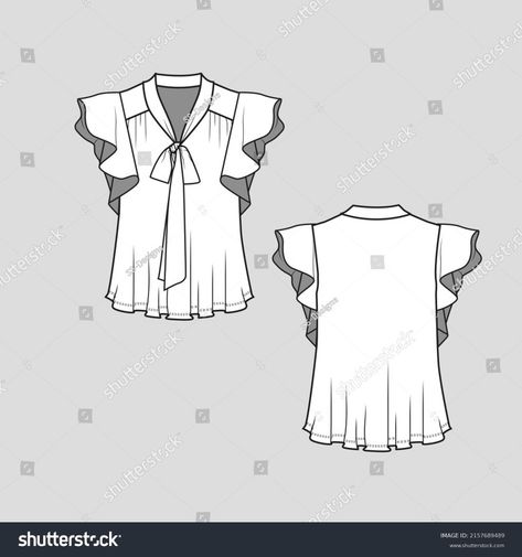 Tie Up Shirt, Flat Drawings, Technical Design, Flat Sketches, Batik Pattern, Ruffled Sleeve Top, Neck Ruffle, Tie Neck, Sleeve Detail