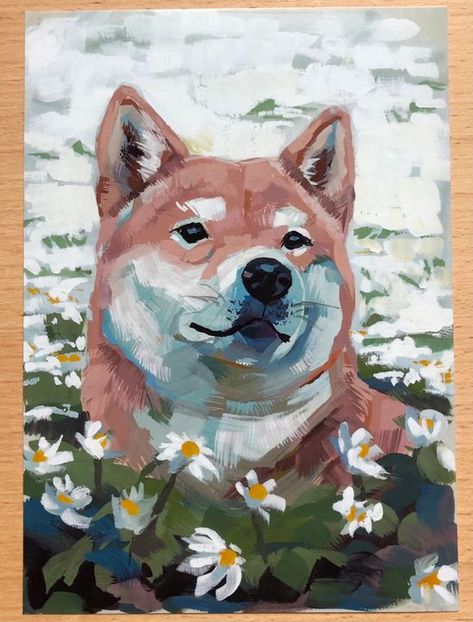 Animal Paintings Gouache, Gouache Animals Illustrations, Gouache Art Animals, Pet Paintings Acrylic, Gouache Dog Painting, Gouache Pet Portrait, Gouache Animal Painting, Shiba Painting, Bird Gouache