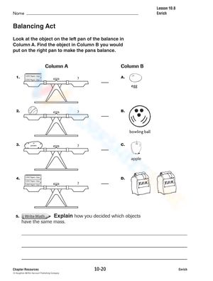 This worksheet asks you to look at the object on the left pan of the balance in column A and find the object in column B you would put on the right pan to make the pans balance. #Grade-5 #Grade-6 #Grade-7 #Grade-8 #Grade-9 #Grade-10 Pan Balance, Grade 10, Grade 9, Grade 7, Grade 8, Grade 6, Grade 5, The Balance, Put On