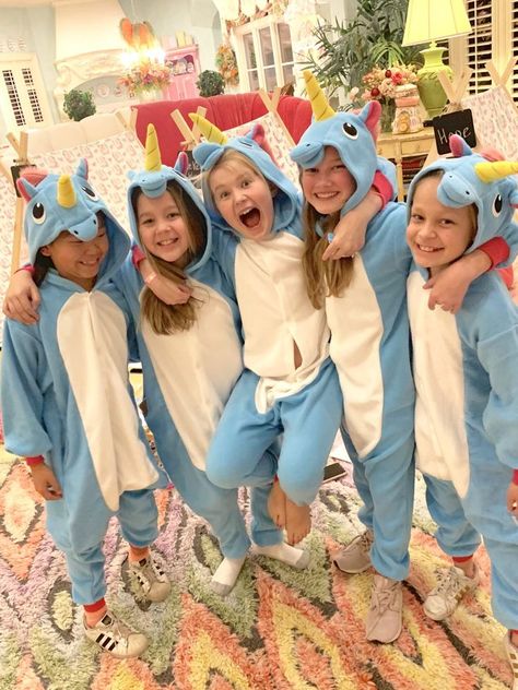 The Perfect Unicorn Birthday Slumber Party | Turtle Creek Lane Pijama Party Outfit, Unicorn Slumber Party, Sleepover Bday, Unicorn Sleepover, Birthday Slumber Party, Unicorn Onesie Pajamas, Turtle Creek Lane, Onesie Party, Pokemon Costumes