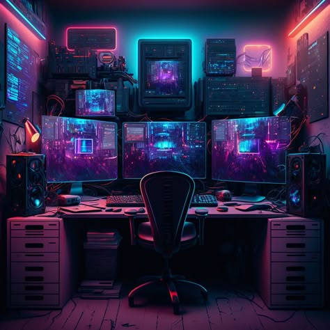 Cluttercore Bedroom, Cluttered Bedroom Aesthetic, Hacker Room, Cyberpunk Room, Room Oasis, Cluttered Bedroom, Bedroom Aesthetics, Home Studio Setup, Video Game Room Design