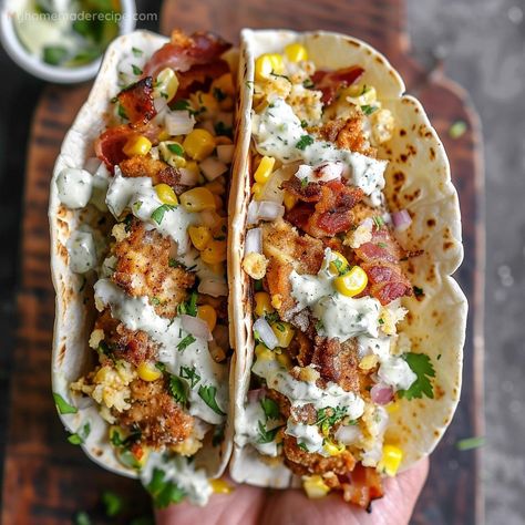 Meals With Fried Chicken, Street Chicken Tacos Recipe, Fried Chicken Street Corn Tacos, Corn Tacos Recipe, Chicken Street Corn, Street Corn Tacos, Recipe For Fried Chicken, August Recipes, Corn Tacos