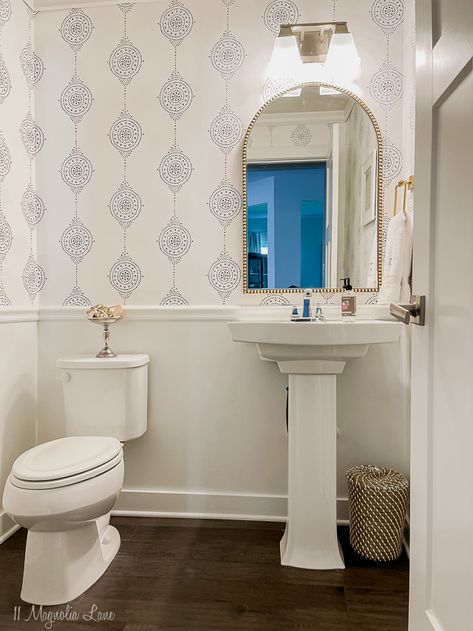 Board And Batten Powder Room With Wallpaper, Powder Room With Chair Rail And Wallpaper, Paneling In Powder Room, Seagrass Wallpaper Bathroom, Powder Room Chair Rail, Powder Room Wainscoting, Room Paneling, Powder Bath Wallpaper, Serena And Lily Wallpaper