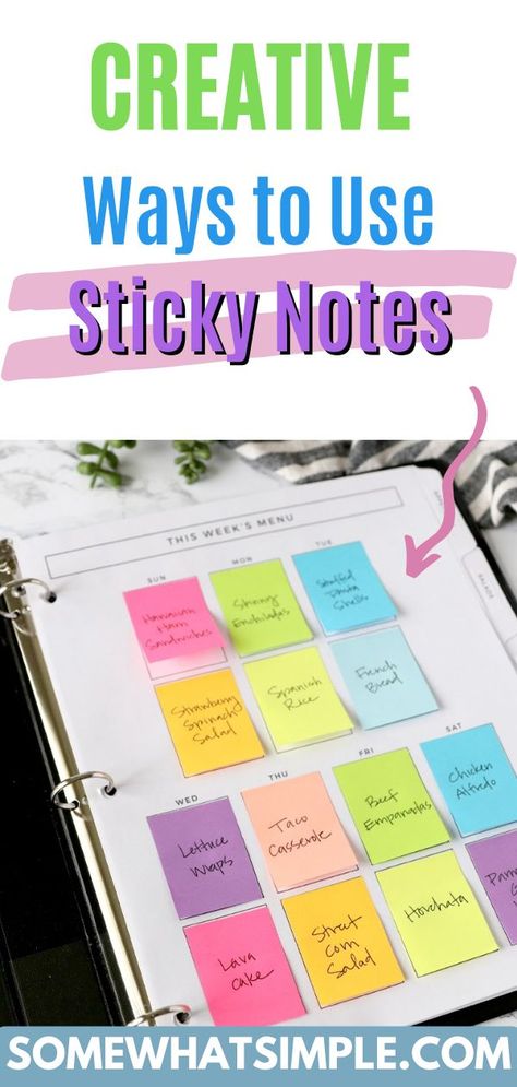 Sticky squares of paper can serve as more than just a temporary place to jot down a note. We all love them because they are so versatile and colorful! Here are 25 creative ways to use sticky notes. Here are a few more paper crafts we think you’ll enjoy – Make Your Own Notepad, Hug in the Mail, Paper Garland, and Funny Meme Printables. You can use sticky notes in the classroom, your office and even for crafts! Check out these fun and unique ways to use sticky notes with 25 creative ideas. Sticky Note Board Ideas, Note Taking Ideas Sticky Notes, Creativity With Sticky Notes, Ways To Use Sticky Notes, Sticky Notes Design Ideas, Sticky Note Ideas, Book With Sticky Notes, Stick Notes Ideas, Sticky Note Organization