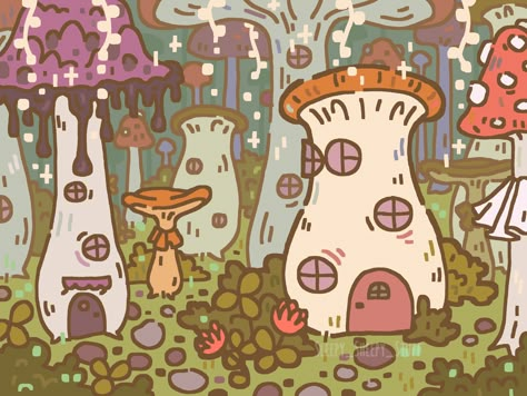 I wonder who lives here Mushroom Village Drawing, Minecraft With Friends, Vent Doodles, Mushroom Town, Doodles Page, Mushroom Sketch, Mushroom Village, Village Drawing, Drawing Backgrounds