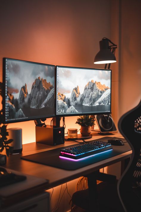 Dual Monitors Desk and 34 More Gaming-Work Ideas Sleek Gaming Setup, Desk Ideas With Monitor, Dual Screen Desk Setup, Corner Gaming Setup, Minimalist Game Room, Dual Monitor Desk Setup, Two Monitor Desk Setup Office, Gaming Room Background, Best Dual Monitor Setup