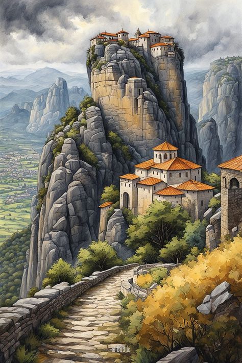 Mystical Monasteries: Digital Art Inspired by the Scenic Landscapes of  Meteora Mountain Monastery Fantasy Art, Fantasy Monastery, Art Village, Mountain Village, Fantasy Castle, Scenic Landscape, Fantasy Artwork, Fantasy Landscape, Fantasy World