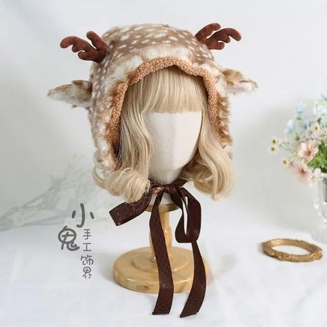 Elfis - Fluffy Deer Hat | YesStyle Deer Mask Therian, Deer Print Clothes, Deer Aesthetic Outfit, Dear Costume Halloween, Fawn Clothes, Deer Inspired Outfit, Deer Aesthetic Soft, Deer Hat Crochet, Fawn Oc