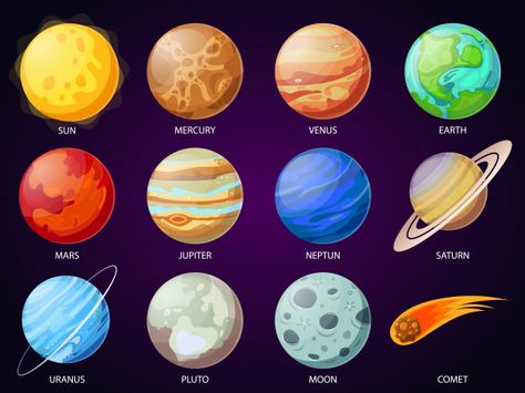 Cartoon solar system planets Premium Vec... | Free Vector #Freepik #freevector #freetechnology #freestar #freeeducation #freecartoon Cartoon Solar System, Pluto Planet, Meteor Crater, Tata Surya, Planet Painting, Solar System Projects, Solar System Poster, Planet Drawing, Solar System Crafts