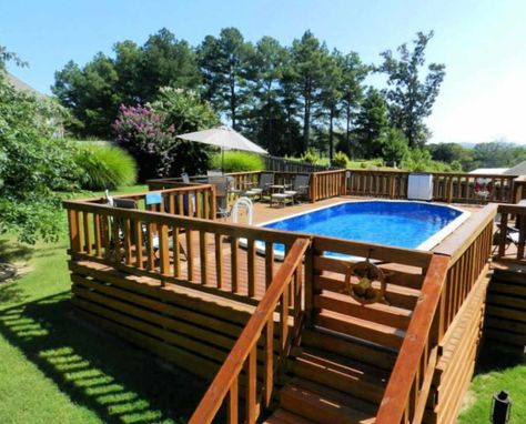 Swimming Pool With Deck, Doughboy Pool, Pool With Deck, Pool Deck Plans, Best Above Ground Pool, Swimming Pool Decks, Above Ground Pools, Swimming Pool Landscaping, Small Swimming Pools