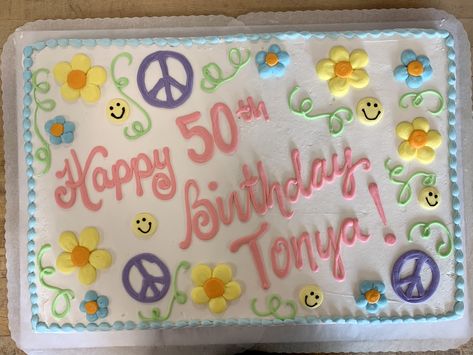 Two Groovy Sheet Cake Ideas, Groovy Sheet Cake Ideas, Two Groovy Sheet Cake, Groovy Sheet Cake, 70s Theme Sheet Cake, Peace Out Single Digits Birthday Cake, 60s Birthday Cake, 70s Style Birthday Cake, 50 Sheet Cake 50th Birthday