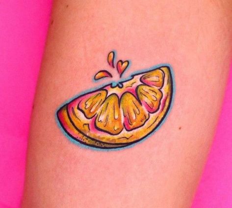 Lemon Drop Tattoo, Lemon Tattoo Ideas, Lemon Tattoo Design, Lime Wedge Tattoo, Lemon Wedge Tattoo, Traditional Lemon Tattoo, Vanilla Tattoo, Monochromatic Tattoo, Tangerine Tattoo