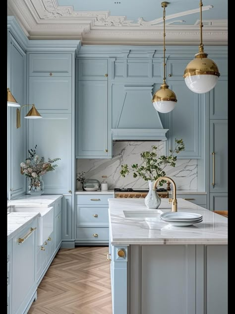 Light Blue Painted Kitchen Cabinets, Blue Painted Kitchen Cabinets, Kitchen Cabinets Painted Before And After, Coastal Kitchen Decor, Kitchen Luxury, Kids Room Interior Design, Kitchen Design Color, Condo Kitchen, Kitchens Luxury