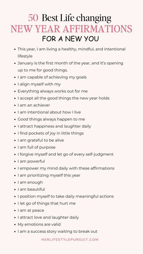 A list pin titled "50 Best Life-Changing New Year Affirmations for a New You" from herlifestylepursuit.com. The list includes positive affirmations such as "This year, I am living a healthy, mindful, and intentional lifestyle," "I am capable of achieving my goals," "I am grateful to be alive," and "I attract love and laughter daily." These affirmations emphasize self-love, purpose, mindfulness, and positivity for the new year. Note To Self For New Year, Nye Affirmations, New Years Mindset, New Year Reminders, New Year Aspirations, New Year New Start, New Year New Me 2025, January Reminders, New Year Affirmations 2025