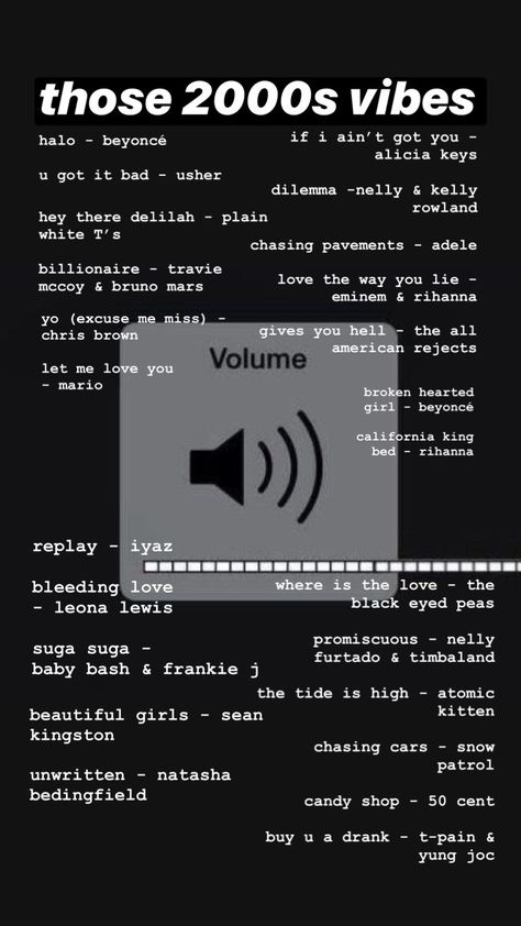 2000s music that everyone’s listened to before ~ don’t come for me if there’s spelling mistakes or some of these aren’t from the 2000s😓 2000s Music, Throwback Songs, Party Playlist, Feeling Song, Song Suggestions, Song Recommendations, Song List, Music Mood, Vibe Song