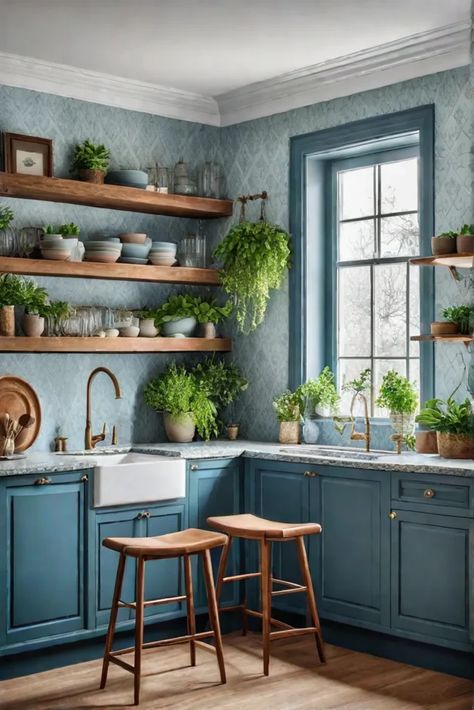 Soothing color palette wallpaper in a naturalthemed kitchen Kitchen Wallpaper Texture, Creative Wallpaper Ideas, Color Palette Wallpaper, Teal Kitchen Walls, Kitchen Wallpaper Ideas, Farrow And Ball Kitchen, Palette Wallpaper, Traditional Style Kitchen, Grey Counter