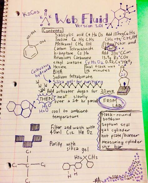 I wrote Peter Parker’s Web Fluid formula!! 🕸 Do not regret spending an hour doing this! Web Fluid Formula, Web Fluid, Peter Parker Aesthetic, Spiderman Sketches, Parker Aesthetic, Web Shooters, Spiderman Web, Image Spiderman, Spiderman Suits