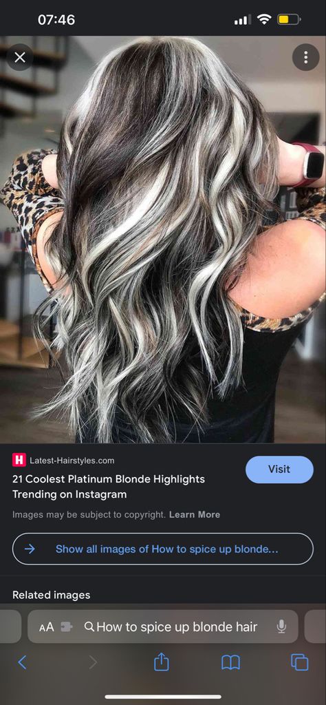 Hair Color Ideas Going Blonde, Dark Brown And Platinum Highlights, Dark Brown With Icy Blonde Highlights, Dark Brown Hair With Bleach Highlights, Platinum Lowlights On Dark Hair, Icy Grey Blonde Hair Dark Roots, Money Piece Grey Hair, Brown And Blonde Dimensional Hair, Silver And Dark Brown Hair