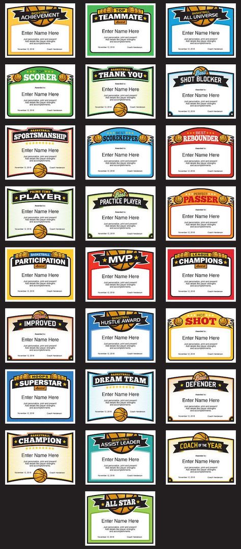 Elite Basketball certificates. Editable basketball award certificate: fill in name, team name, words of praise and more, then print and present. Prepare 10 certificates in a manner of a half hour. Great for team banquets! Soccer Team Mom, Basketball Awards, Certificate Layout, Basketball Tricks, Uk Basketball, Award Ideas, Awards Certificates Template, Life Coach Quotes, Team Party