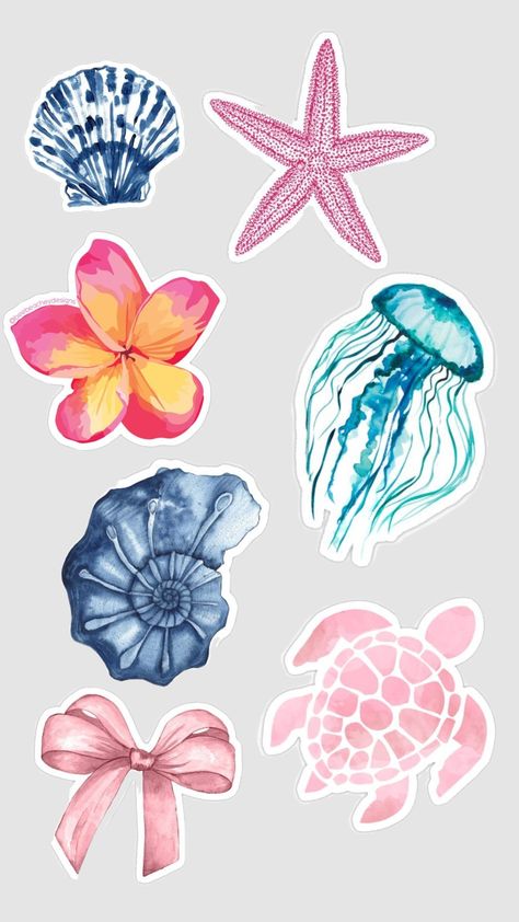 Cute Stickers Pictures, Printable Stickers Aesthetic Pastel, 2024 Stickers Aesthetic, Aesthetic Summer Stickers, Cute Stickers Drawings, Cute Sticker Ideas Easy, Beach Stickers Aesthetic, Sea Stickers Ocean, Cute Laptop Stickers Aesthetic