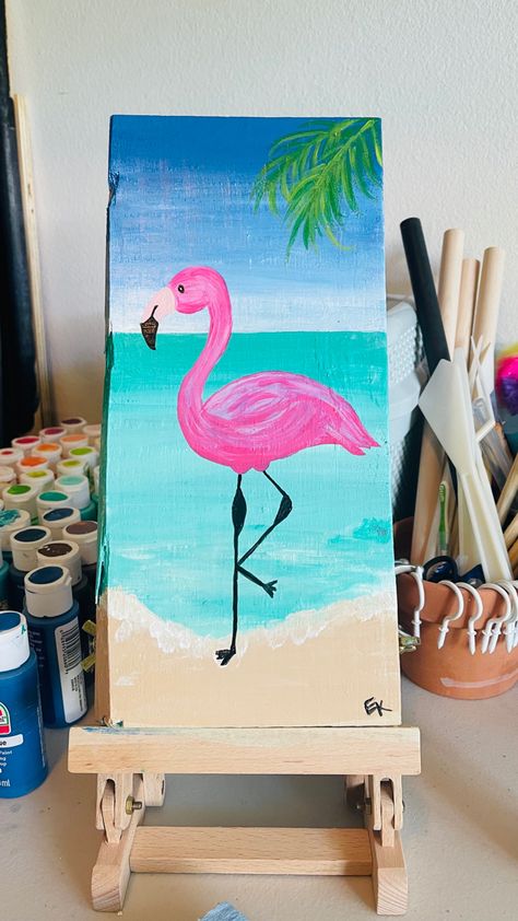 Diy Summer Decor, Cute Easy Paintings, Flamingo Craft, Flamingo Painting, Cooler Painting, Flamingo Decor, Denim And Diamonds, Summer Painting, Easy Canvas Painting