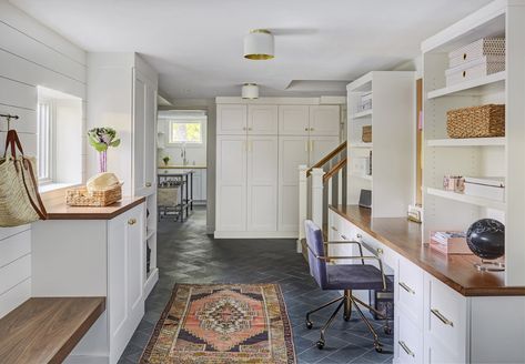 glen ellyn home Mudroom Tile, Transitional Home Office, Latest Kitchen Trends, Chicago Interior Design, Kitchen Desks, Kitchen Studio, Basement Laundry, Herringbone Floor, Studio Kitchen