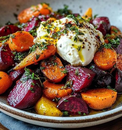 Roasted Beets and Carrot Salad with Burrata Carrots Salad, Salad With Burrata, Sauteed Beet Greens, Beets And Carrots, Roasted Beets And Carrots, Burrata Salad, Golden Beets, Roasted Root Vegetables, Beet Recipes