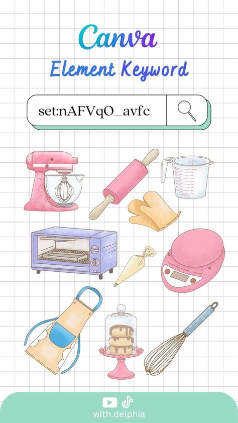 Canva element keyword 🥧🧁🥯 1181 🏷️ Canva Food Elements Keyword, Baking Cute, Calendar Doodles, Cute Cooking, Kitchen Elements, Canva Codes, Iphone Wallpaper Vsco, Keyword Elements Canva, Pixel Font