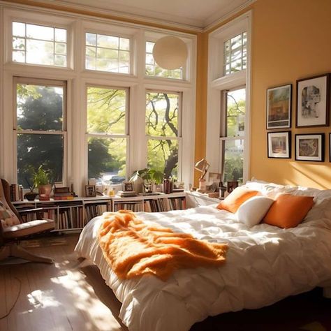 Color Schemes That Will Steal The Show In 2024 Bright Cosy Bedroom, Room With Orange Walls, Bedroom Inspirations Colorful Eclectic, Light Orange Walls Bedroom, Beige Orange Bedroom, Clean Eclectic Bedroom, Muted Orange Bedroom, Bright Happy Bedroom Ideas, Cozy Bedroom Colorful