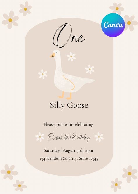 1 Silly Goose Birthday, Goose Themed 1st Birthday, One Silly Goose First Birthday, One Silly Goose, Silly Goose Birthday Party, One Silly Goose Birthday, Goose Birthday, Flower Birthday Invitations, 1st Birthday Themes