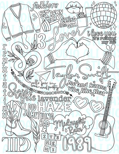 Printable coloring page featuring Taylor Swift, a famous American#doodlefonts #handdrawnletters #creativecalligraphy #fontinspiration #letteringlove Taylor Swift Birthday Party Ideas, Doodle Font, Taylor Swift Drawing, Taylor Swift Party, Taylor Swift Birthday, Doodle Fonts, Taylor Swift Cute, Fall Coloring Pages, Taylor Swift Posters