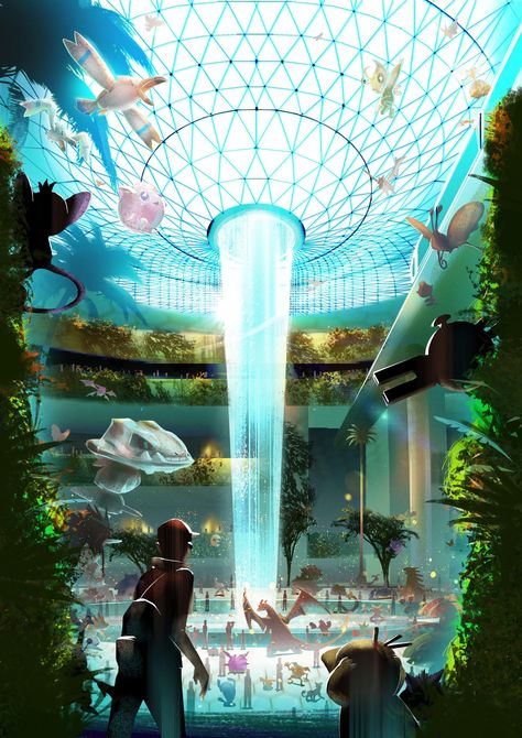 Jewel@Changi Airport reimagined in the Pokémon World Jewel Changi Airport, Pokemon World, Pokemon Project, Abandoned City, Changi Airport, Pokemon Universe, Anime Black Hair, Island 2, Pokémon Master