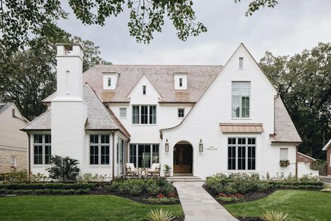 Tour this absolutely stunning and timeless white brick house in Illinois White Brick House, French Style Architecture, Cedar Shake Roof, Transitional Exterior, Shake Roof, Copper Gutters, Cedar Roof, Beautiful Home Designs, Tudor House