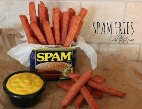 Eat them alone! Spam Fries, Hillbilly Food, Trailer Trash Party, Hillbilly Party, Trash Bash, Trash Party, Gross Food, Best Bacon, Hawaiian Food