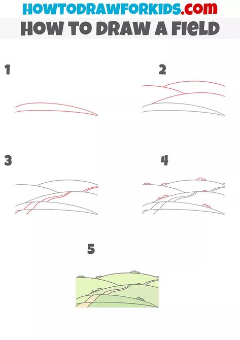 How to Draw a Field - Easy Drawing Tutorial For Kids How To Draw Hills, Sky Drawings, Landscape Drawing Tutorial, Improve Your Drawing Skills, Farm Paintings, How To Draw Steps, Draw Step By Step, Easy Drawing Tutorial, Drawing Tutorials For Kids